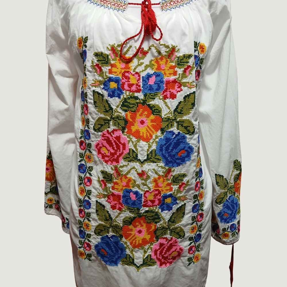 Royal Moda Womens White Floral Cross Stitch Embroidered Cotton Peasant Blouse L - Picture 2 of 8